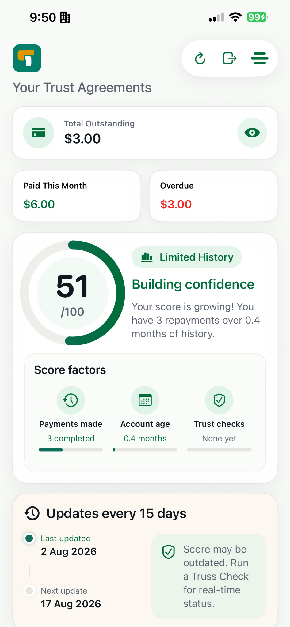 Truss customer agreements screen